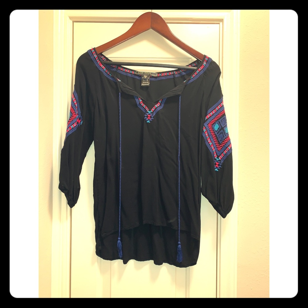 Black Peasant Top with Embellishments and Tie